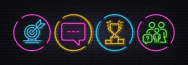 Winner podium, Blog and Target goal minimal line icons. Neon laser 3d lights. Family questions icons. For web, application, printing. Competition results, Chat message, Successful business. Vector