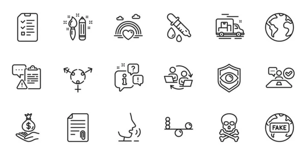 Outline set of Job interview, Teamwork process and Lgbt line icons for web application. Talk, information, delivery truck outline icon. Include Eye detect, Clipboard, Creativity icons. Vector