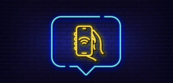 Neon Light Speech Bubble Internet App Line Icon Hand Hold — Διανυσματικό Αρχείο