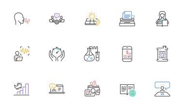 Güneş panelleri, internet kitabı ve web sitesi ve baskı için daktilo satırı simgeleri. Röportaj işi, nefes alma egzersizi, ses dalgası simgeleri. Çevrimiçi belgeler, takım çalışması. Vektör