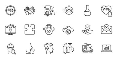 Web uygulaması için çevrimiçi istatistiklerin ana hatları, İnceleme ve Cinsiyet Çizgisi simgeleri. Konuşma, bilgi, teslimat kamyonu taslak ikonu. Bulut hesaplama, Onaylama, İş Ev simgeleri dahil. Vektör