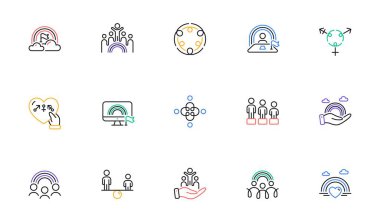 Equality, Equity and Diversity line icons. LGBT rights, Equal opportunities and respective needs icons. Inclusion, culture equity and LGBT pride flag. Diverse people equality, Gender symbol. Vector clipart