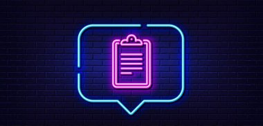 Neon ışığı konuşma balonu. Pano belge satırı simgesi. Anlaşma belgesi. Anket kayıt sembolü. Neon ışıklı arka plan. Pano parlama çizgisi. Tuğla duvar afişi. Vektör