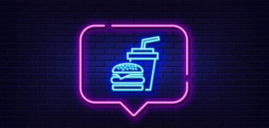 Neon ışığı konuşma balonu. Hamburger ve içecek çizgisi ikonu. Fast food restoranı tabelası. Hamburger ya da çizburger sembolü. Neon ışıklı arka plan. Hamburger kıvılcımı. Tuğla duvar afişi. Vektör