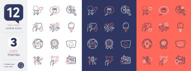 Havai fişek seti, arama uçuşu ve hediye rüya çizgisi simgeleri. İptal uçuşu, bulmaca, dondurma ikonları dahil. Pin, Love ödülü, Hold Heart web elementleri. GPS, gülümseme sohbeti, balayı seyahati. Vektör