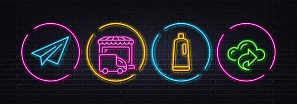 Delivery Truck Paper Plane Shampoo Minimal Line Icons Neon Laser — Stock Vector