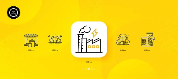 Sports Arena Loan House Electricity Factory Minimal Line Icons Yellow — Stok Vektör