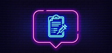 Neon light speech bubble. Vaccine report line icon. Vaccination syringe sign. Injection schedule symbol. Neon light background. Vaccine report glow line. Brick wall banner. Vector