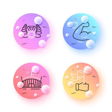 Leadership, Arena and Laureate medal minimal line icons. 3d spheres or balls buttons. Strong arm icons. For web, application, printing. Winner flag, Sport stadium, Laurel wreath. Muscle biceps. Vector
