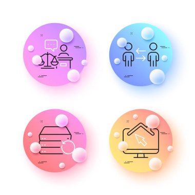 Recovery server, Court judge and Work home minimal line icons. 3d spheres or balls buttons. Teamwork business icons. For web, application, printing. Backup data, Judgement, Freelance work. Vector