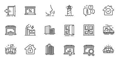 Outline set of Best market, Electricity factory and Buildings line icons for web application. Talk, information, delivery truck outline icon. Vector