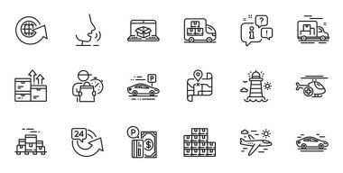 Outline set of 24 hours, Wholesale inventory and Delivery man line icons for web application. Talk, information, delivery truck outline icon. Vector