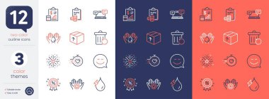 Set of Accounting, Smile and Package line icons. Include Internet chat, Wash hands, Favorite icons. Timer, Fireworks explosion, Discount web elements. Hydroelectricity, Recovery trash, Report. Vector