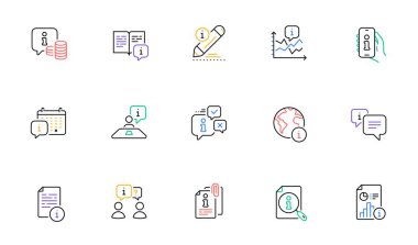 Bilgi merkezi çizgi simgeleri. Resepsiyon bilgileri, yolculuk yolu, rehber kitap. Çağrı merkezi, Faq sohbet baloncukları, Info masa simgeleri. Soru işareti, Arama bilgileri ve Müşteri Yardım Servisi. Vektör