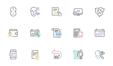 Repairman, Seo adblock and 360 degrees line icons for website, printing. Collection of Recycle, Document, Search icons. Swipe up, Payment card, Lock web elements. Voice wave. Vector