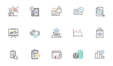Checklist, Lock and Analytics graph line icons for website, printing. Collection of Difficult stress, Presentation, Donation money icons. Currency, Parking payment. Vector