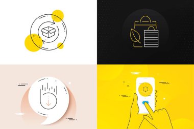 Minimal set of Bio shopping, Return parcel and Augmented reality line icons. Phone screen, Quote banners. Scroll down icons. For web development. Leaf, Exchange of goods, Virtual reality. Vector