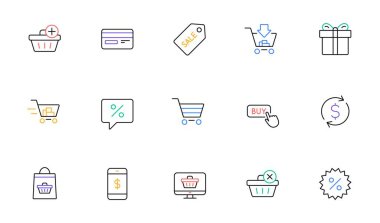 Shopping bag line icons. Gift, Present and Sale discount. Delivery linear icon set. Bicolor outline web elements. Vector