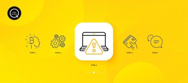 Bitcoin think, Text message and Wallet minimal line icons. Yellow abstract background. Cogwheel, Online warning icons. For web, application, printing. Vector