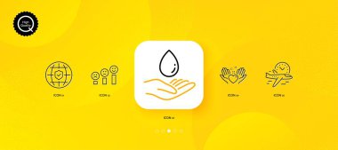 Customer satisfaction, Water care and Global insurance minimal line icons. Yellow abstract background. Flight time, Hold heart icons. For web, application, printing. Vector