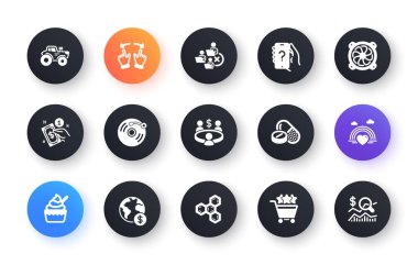 Minimal set of Computer fan, Global business and Meeting flat icons for web development. Lgbt, Ice cream, Vinyl record icons. Medical drugs, Move gesture, Chemical formula web elements. Vector