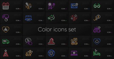 Set of Online shopping, Smile face and Fireworks line icons. Include Roller coaster, Surprise, Be mine icons. Dog leash, Flight sale, Calendar web elements. Pin, Fireworks rocket. Vector