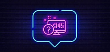 Neon light speech bubble. Question mark line icon. Online quiz test sign. Neon light background. Online quiz glow line. Brick wall banner. Vector