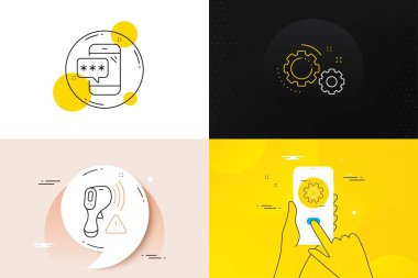 Minimal set of Service, Gears and Electronic thermometer line icons. Phone screen, Quote banners. Phone password icons. For web development. Cogwheel gear, Work process, Temperature scan. Vector