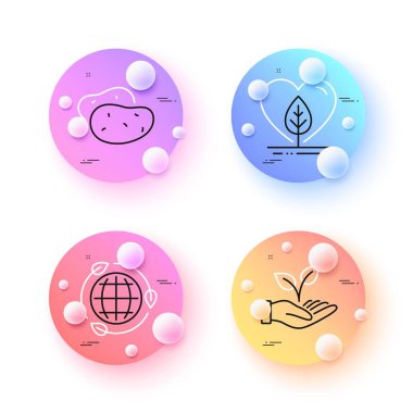 Local grown, Eco energy and Potato minimal line icons. 3d spheres or balls buttons. Helping hand icons. For web, application, printing. Organic tested, Ecology, Fresh vegetable. Startup palm. Vector