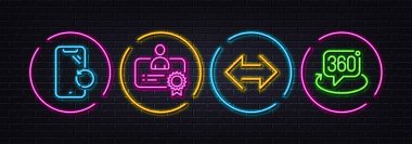 Smartphone recovery, Certificate and Sync minimal line icons. Neon laser 3d lights. 360 degree icons. For web, application, printing. Phone repair, Best employee, Synchronize. Virtual reality. Vector
