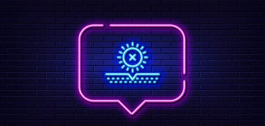 Neon light speech bubble. No sun protection line icon. Skin care sign. Cosmetic cream symbol. Neon light background. No sun glow line. Brick wall banner. Vector