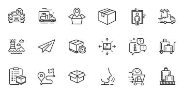 Outline set of Delivery notification, Parcel checklist and Paper plane line icons for web application. Talk, information, delivery truck outline icon. Vector