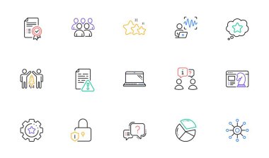 Partnership, Group and Instruction manual line icons for website, printing. Collection of Certificate, Multichannel, Lock icons. Loyalty star, Pie chart, Voice wave web elements. Vector