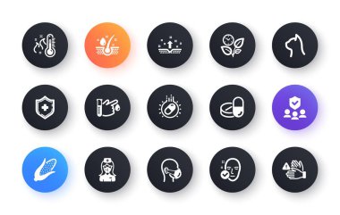 Minimal set of Health skin, Clean skin and Medical mask flat icons for web development. Capsule pill, High thermometer, Nurse icons. Leaves, Medical drugs, Blood donation web elements. Vector