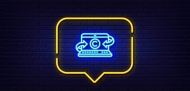 Neon light speech bubble. Copywriting notebook line icon. Copyright sign. Media content symbol. Neon light background. Copywriting notebook glow line. Brick wall banner. Vector