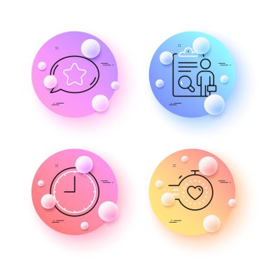 Timer, Time and Favorite chat minimal line icons. 3d spheres or balls buttons. Inspect icons. For web, application, printing. Deadline management, Office clock, Best bubble. Research list. Vector