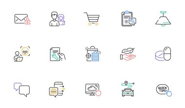 Cyber attack, Speech bubble and Spanner line icons for website, printing. Collection of Secure mail, Market sale, Quick tips icons. Journey, Food order, Repair document web elements. Vector