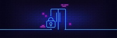 Neon light glow effect. Refrigerator locked line icon. Fridge child lock sign. Freezer storage symbol. 3d line neon glow icon. Brick wall banner. Refrigerator outline. Vector