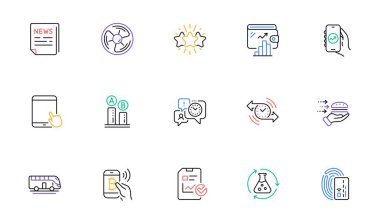 Bus tour, Financial app and Time management line icons for website, printing. Collection of Report checklist, Bitcoin pay, Chemistry experiment icons. Card, Star, Timer web elements. Vector