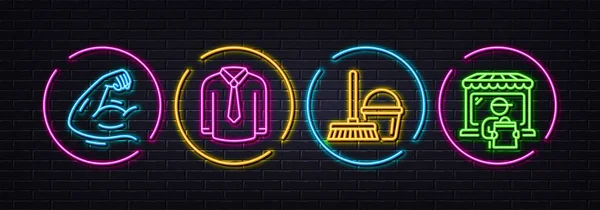 Shirt Bucket Mop Strong Arm Minimal Line Icons Neon Laser — Wektor stockowy