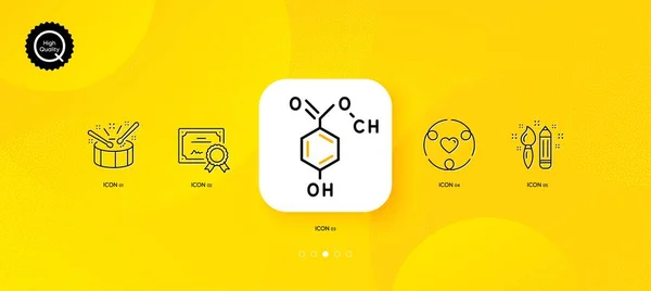 Chemical Formula Creativity Drums Minimal Line Icons Yellow Abstract Background — Vetor de Stock