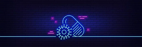 Neon Light Glow Effect Coronavirus Pills Line Icon Covid Virus — стоковый вектор