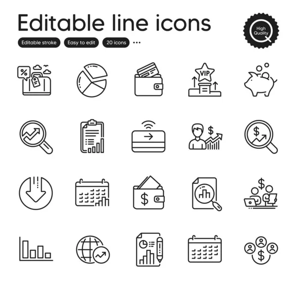 Set Finance Outline Icons Contains Icons Report Document Piggy Bank — Stock Vector