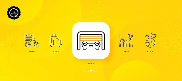 Roller coaster, Destination flag and Luggage trolley minimal line icons. Yellow abstract background. Food delivery, Parking garage icons. For web, application, printing. Vector