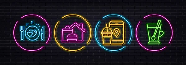 Romantic Dinner Food Delivery Food App Minimal Line Icons Neon — Stock Vector