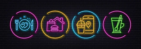 Romantic Dinner Food Delivery Food App Minimal Line Icons Neon — Stockvektor