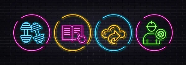 Read Instruction Dumbbells Cloud Share Minimal Line Icons Neon Laser — Wektor stockowy