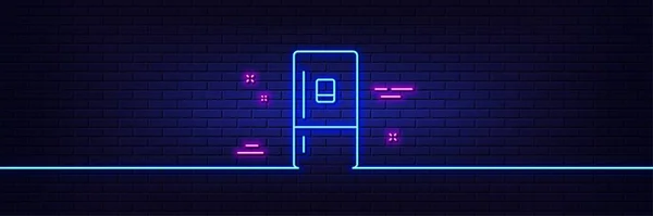 Neon light glow effect. Refrigerator with ice maker line icon. Fridge sign. Freezer storage symbol. 3d line neon glow icon. Brick wall banner. Refrigerator outline. Vector