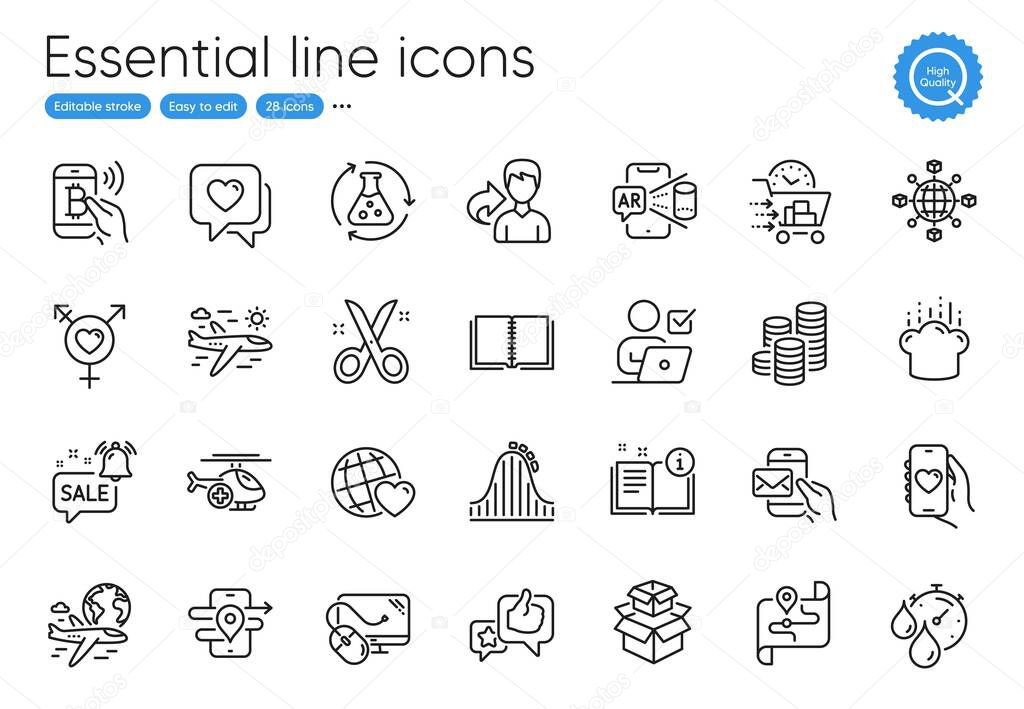 Scissors, Cooking hat and Online voting line icons. Collection of Share, Food delivery, Augmented reality icons. Roller coaster, Dating app, Computer mouse web elements. Outline scissors icon. Vector