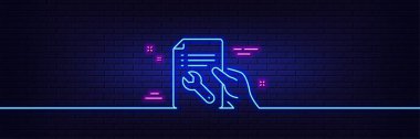 Neon light glow effect. Spanner tool line icon. Repair service document sign. Fix instruments symbol. 3d line neon glow icon. Brick wall banner. Repair document outline. Vector